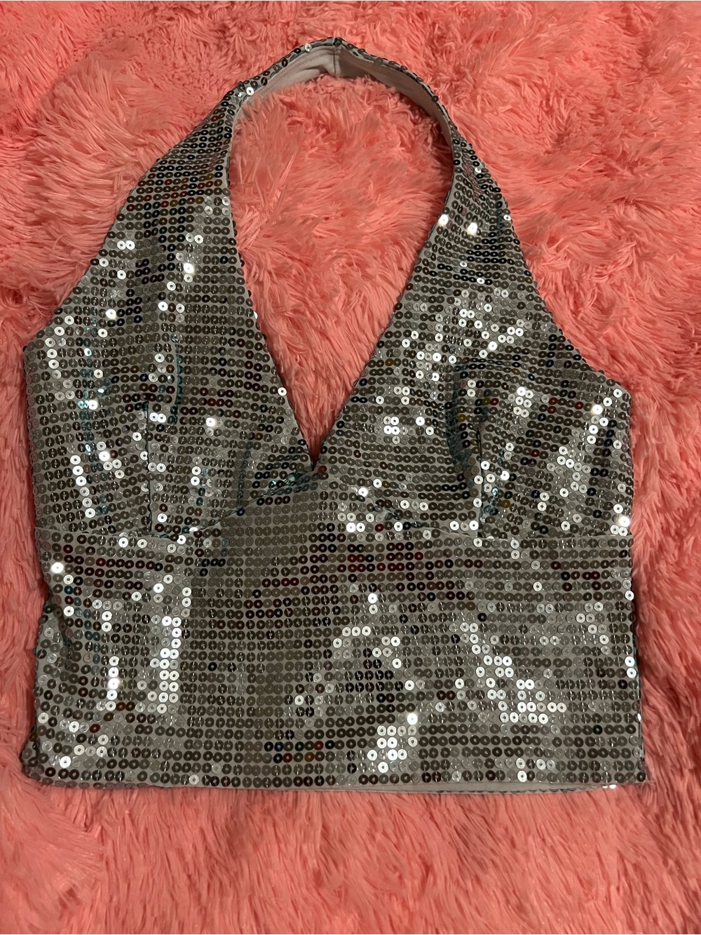 Blue Sequin Halter Crop Top